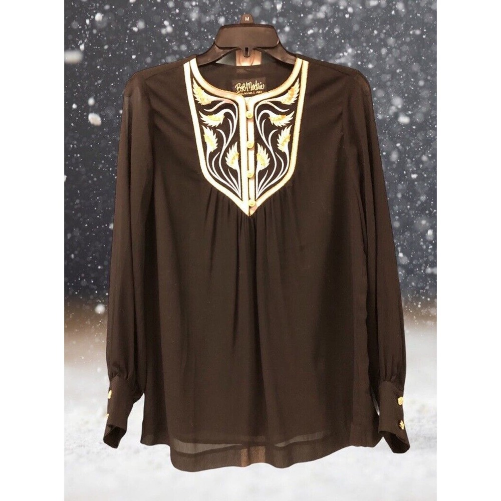 Bob Mackie Wearable Art‎ Top XS Shirt Black White Gold Embroidery Long Sleeve